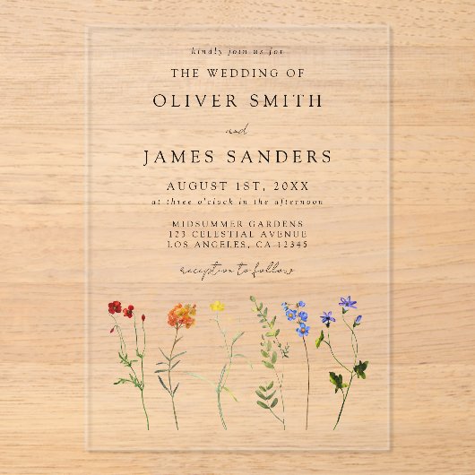 Invitations En Acrylique Fleur sauvage LGBT Gay pride Floral Mariage (Recto)