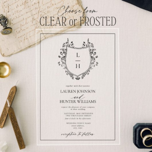 Invitations En Acrylique Fleur sauvage noir classique Monogram Crest Mariag