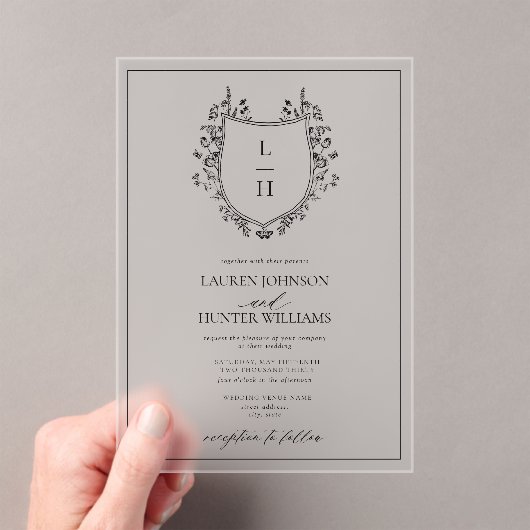 Invitations En Acrylique Fleur sauvage noir classique Monogram Crest Mariag (In situ (ordinateur de poche))