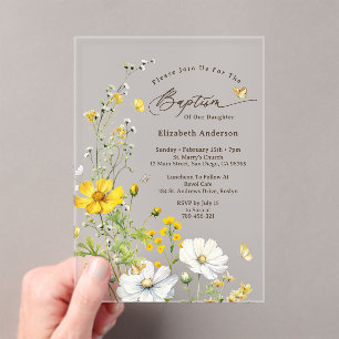 Invitations En Acrylique Fleur sauvage Pré Papillons Botaniques Baptême