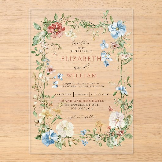 Invitations En Acrylique Fleur sauvage romantique Boho Mariage aquarelle (Recto)