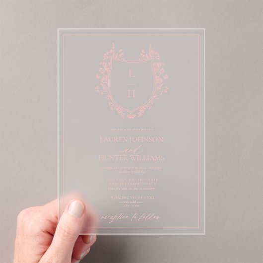 Invitations En Acrylique Fleur sauvage rose classique Monogram Crest Mariag (In situ (ordinateur de poche))