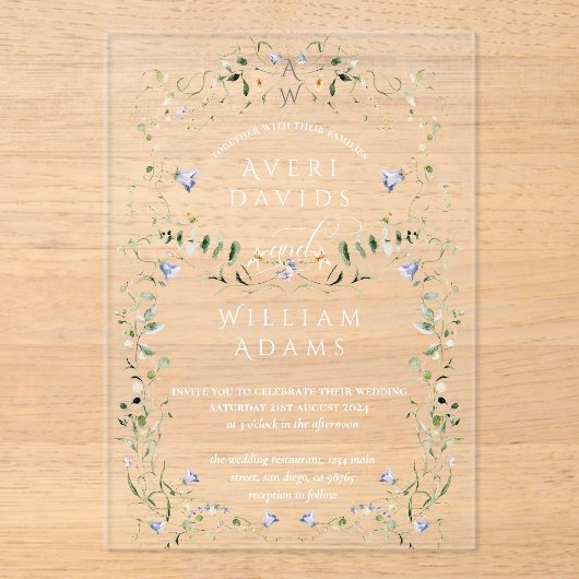 Invitations En Acrylique Fleur sauvage Rustic Boho Floral Mariage (Recto)