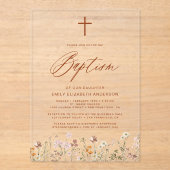 Invitations En Acrylique Fleur sauvage Script Baptême beige neutre (Recto)