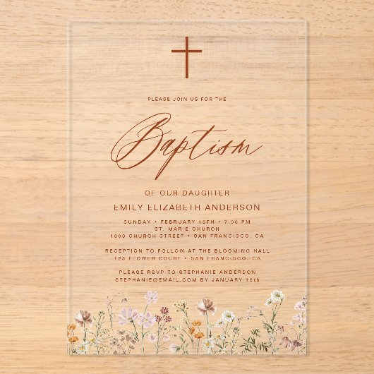 Invitations En Acrylique Fleur sauvage Script Baptême beige neutre (Recto)