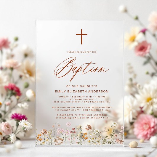 Invitations En Acrylique Fleur sauvage Script Baptême beige neutre