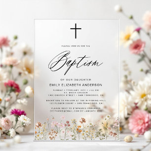 Invitations En Acrylique Fleur sauvage Script Baptême beige neutre