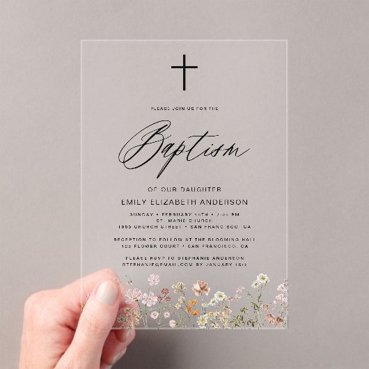 Invitations En Acrylique Fleur sauvage Script Baptême beige neutre (In situ (ordinateur de poche))