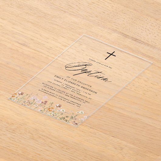 Invitations En Acrylique Fleur sauvage Script Baptême beige neutre (Poser)