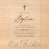 Invitations En Acrylique Fleur sauvage Script Baptême beige neutre (Recto)