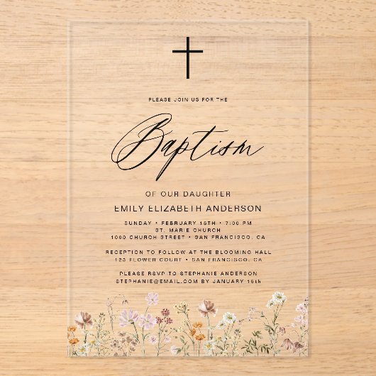 Invitations En Acrylique Fleur sauvage Script Baptême beige neutre (Recto)