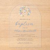 Invitations En Acrylique Fleur sauvage Silver Cross Blue Script Baptême gar (Recto)