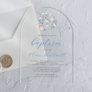 Invitations En Acrylique Fleur sauvage Silver Cross Blue Script Baptême gar