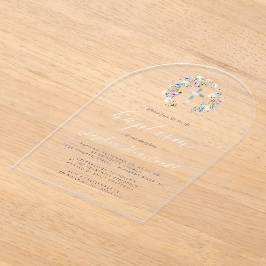 Invitations En Acrylique Fleur sauvage Silver Cross White Script Baptême (Poser)