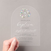 Invitations En Acrylique Fleur sauvage Silver Cross White Script Baptême (In situ (ordinateur de poche))