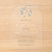 Invitations En Acrylique Fleur sauvage Silver Cross White Script Baptême (Recto)