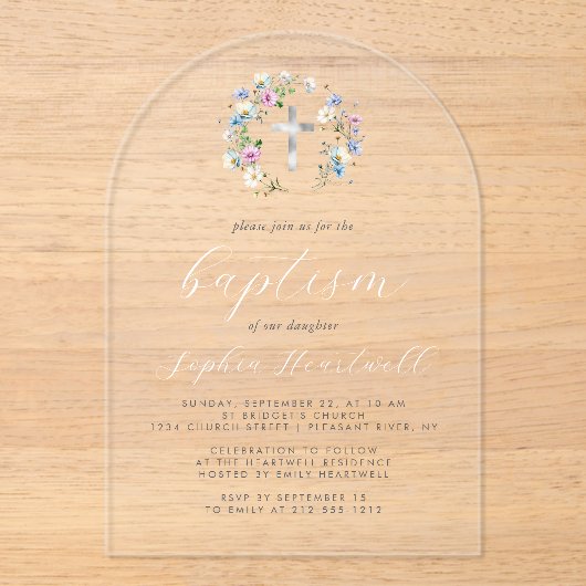 Invitations En Acrylique Fleur sauvage Silver Cross White Script Baptême (Recto)