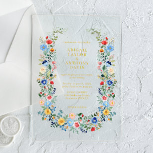 Invitations En Acrylique Fleur sauvage Wreath Gold Script Jardin Mariage