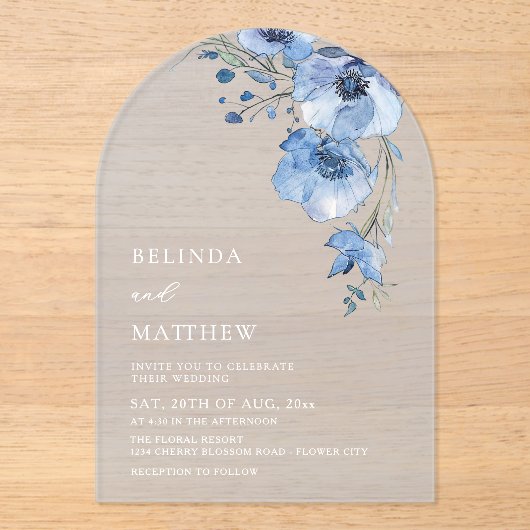 Invitations En Acrylique Fleurs aquarelle bleue Blanche (Recto)