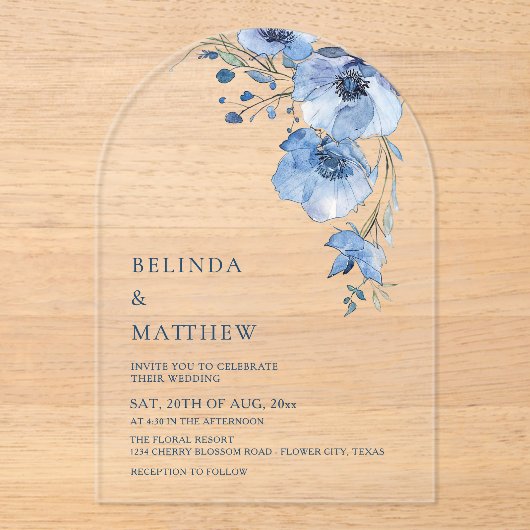 Invitations En Acrylique Fleurs aquarelle bleue Blanche (Recto)