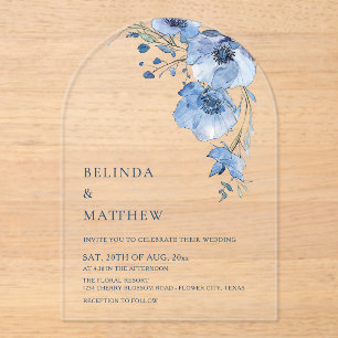 Invitations En Acrylique Fleurs aquarelles bleues blanches