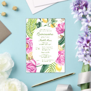 Invitations En Acrylique Fleurs aquarelles Péones Tulipes Citron Quinceañer