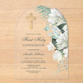 Invitations En Acrylique Fleurs blanches Arc de verdure Première communion (Recto)