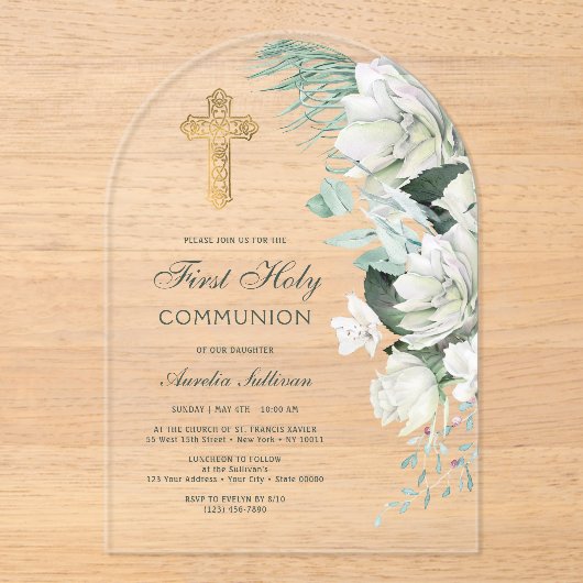 Invitations En Acrylique Fleurs blanches Arc de verdure Première communion (Recto)