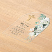 Invitations En Acrylique Fleurs blanches Arc vert Baptême (Poser)