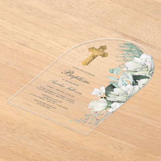 Invitations En Acrylique Fleurs blanches Arc vert Baptême (Poser)