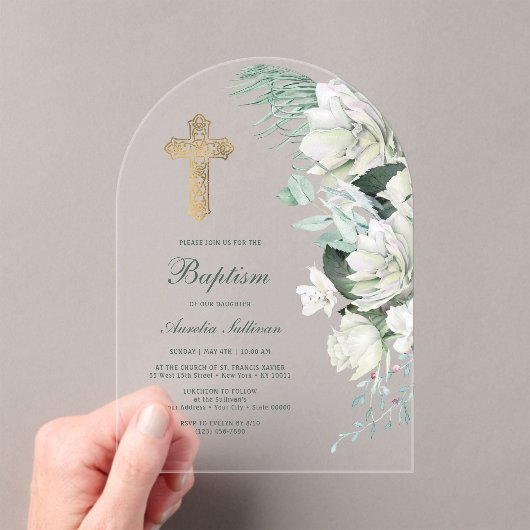 Invitations En Acrylique Fleurs blanches Arc vert Baptême (In situ (ordinateur de poche))