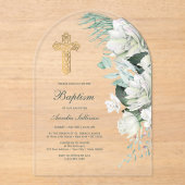 Invitations En Acrylique Fleurs blanches Arc vert Baptême (Recto)