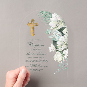Invitations En Acrylique Fleurs Blanches Arche de Verdure Baptême
