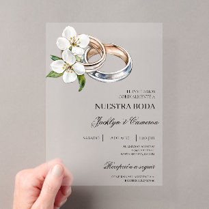 Invitations En Acrylique Fleurs blanches avec alliance Mariage espagnol