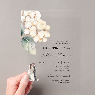 Invitations En Acrylique Fleurs blanches avec alliance Mariage espagnol