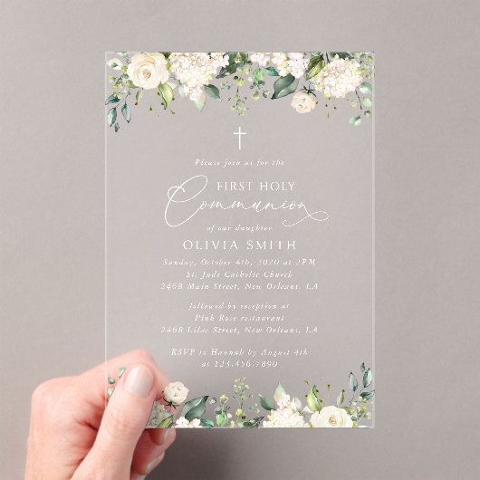 Invitations En Acrylique Fleurs blanches crème, Boho, Première Sainte Commu (In situ (ordinateur de poche))