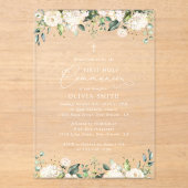 Invitations En Acrylique Fleurs blanches crème, Boho, Première Sainte Commu (Recto)