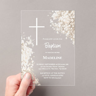 Invitations En Acrylique Fleurs blanches de Gypsophile Baptême