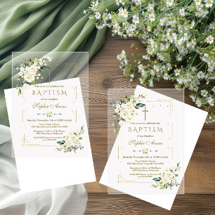 Invitations En Acrylique Fleurs Blanches de Luxe Cadre Paillettes Dorées Ba
