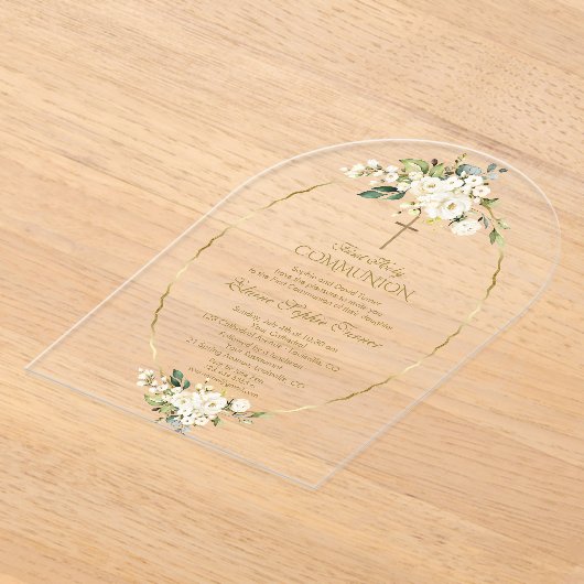 Invitations En Acrylique Fleurs blanches de luxe Gold Première Sainte Commu (Poser)