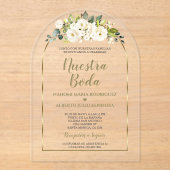 Invitations En Acrylique Fleurs blanches de luxe Or Espagnol Nuestra Boda (Recto)