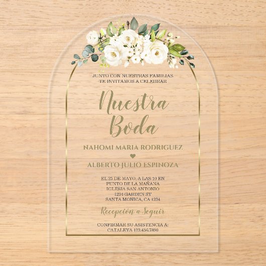 Invitations En Acrylique Fleurs blanches de luxe Or Espagnol Nuestra Boda (Recto)