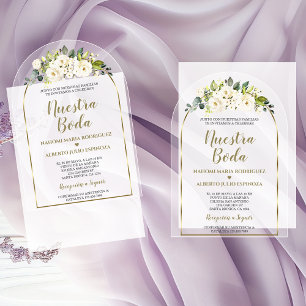 Invitations En Acrylique Fleurs blanches de luxe Or Espagnol Nuestra Boda
