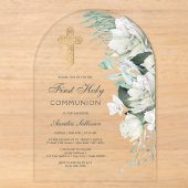 Invitations En Acrylique Fleurs Blanches de Verdure Arche Première Communio (Recto)