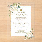 Invitations En Acrylique Fleurs blanches délicates Gold Girl Holy Communion (Recto)