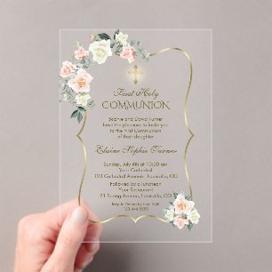 Invitations En Acrylique Fleurs blanches délicates teintées de rose pour pr
