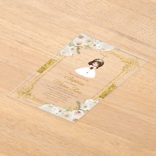 Invitations En Acrylique Fleurs blanches d'or Fille première sainte communi (Poser)