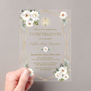 Invitations En Acrylique Fleurs Blanches Élégantes Croix d'Or Confirmation