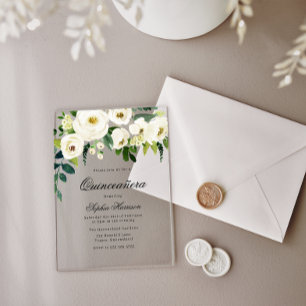 Invitations En Acrylique Fleurs Blanches Époustouflantes Quinceanera 15e An