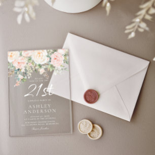 Invitations En Acrylique Fleurs blanches et ivoire 21e fête d'anniversaire